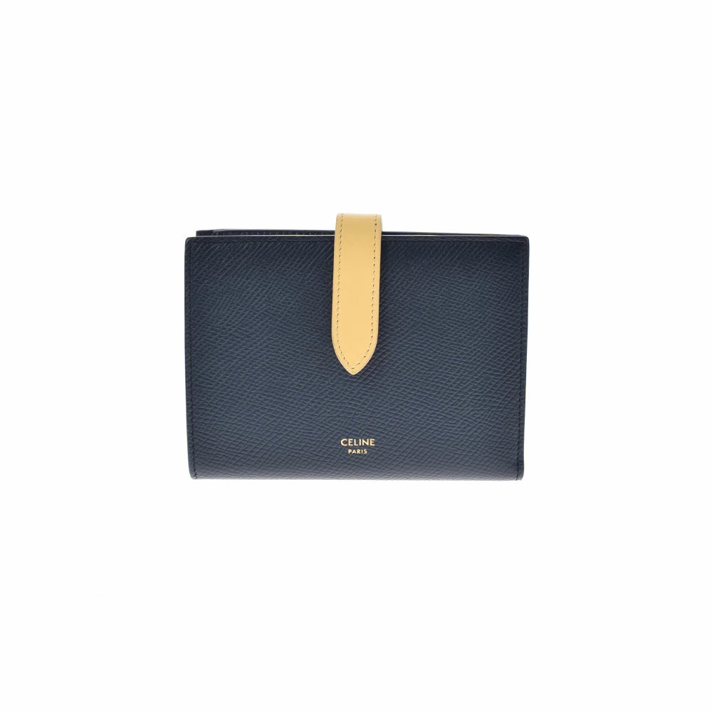 CELINE Strap Wallet Navy Blue Beige Calfskin Bi fold